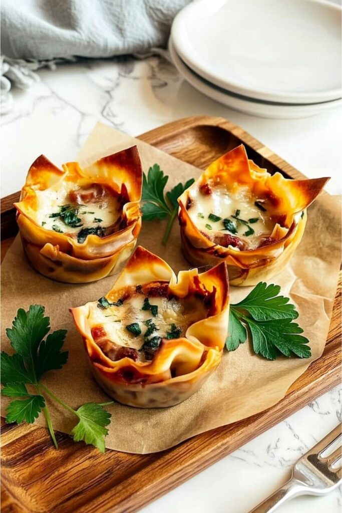 Baked wonton lasagna cups filled with meat sauce, riccota, and melted mozzarella on a tray.