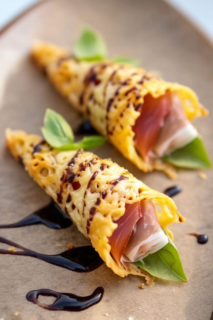 Crisp parmesan cheese cones filled with prosciutto and basil, drizzled with dark balsamic glaze.
