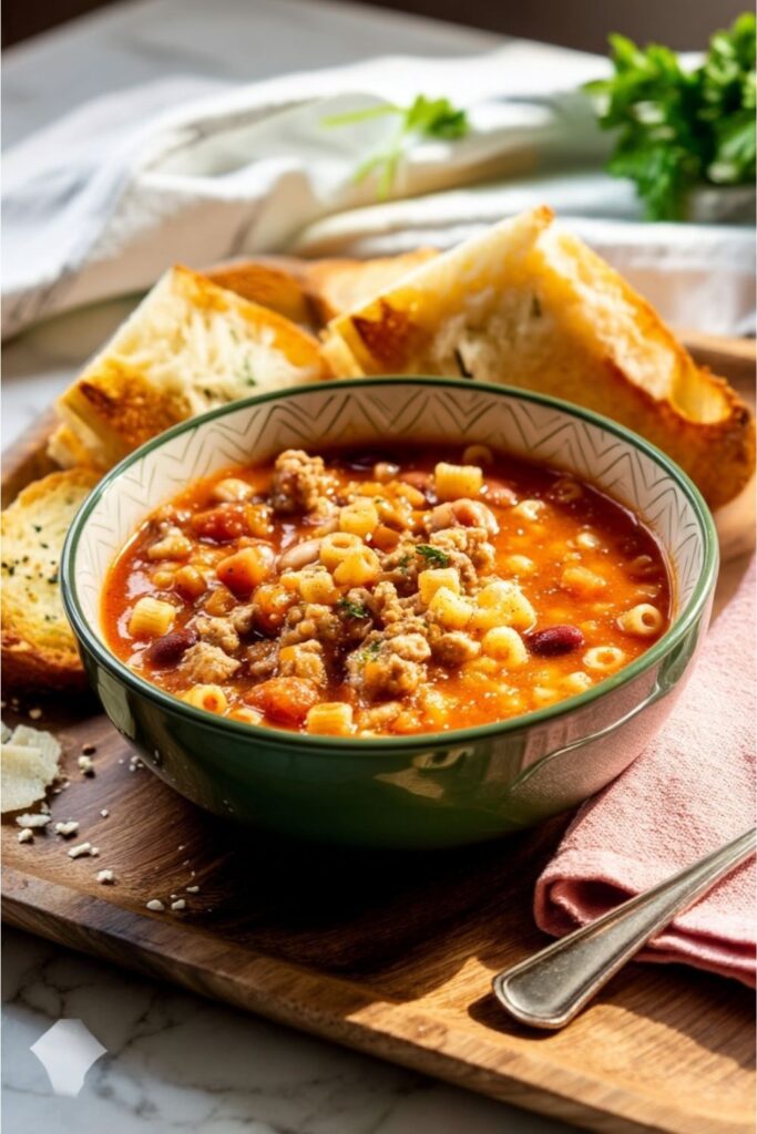 A ceramic bowl filled with hearty tomato broth, ditalini pasta, beans, and crumbled sausage.