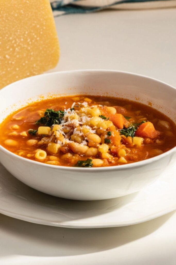 A bowl of pasta fagioli soup with beans and kale, featuring a classic Italian dinner.