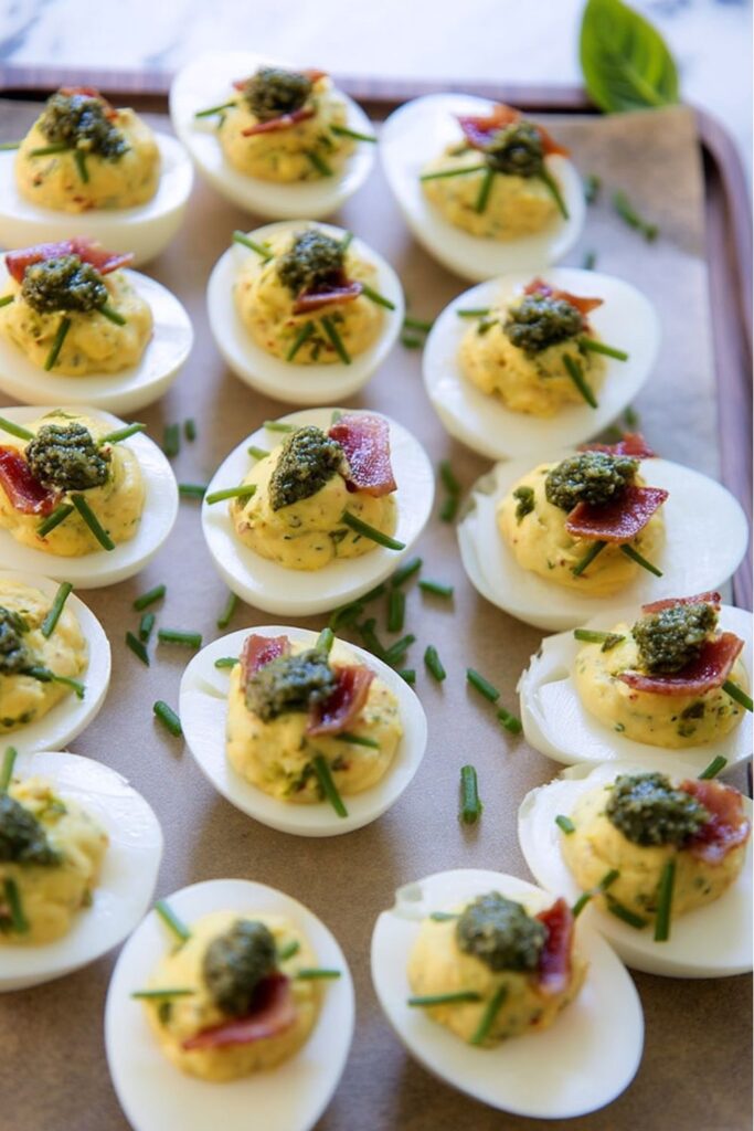 Deviled eggs topped with a dollop of green basil pesto, crispy prosciutto, and chives.