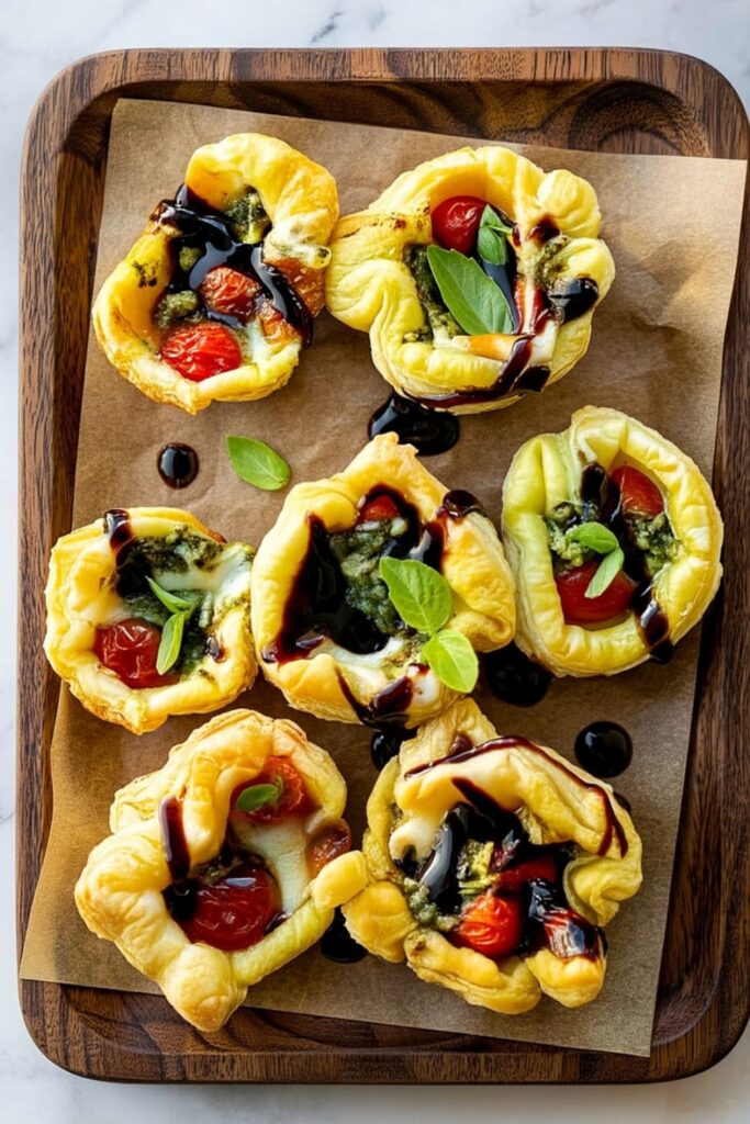 Golden puff pastry tarts filled with basil pesto, tomatoes, and mozzarella, drizzled with balsamic glaze.