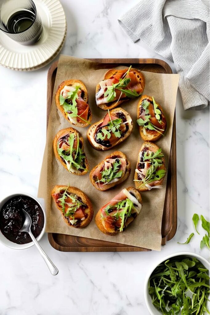 Crispy crostini topped with creamy cheese, prosciutto, sweet fig spread, and fresh arugula leaves.