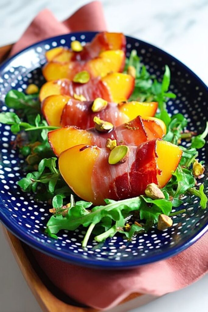 Seared prosciutto-wrapped peach slices over watercress salad, perfect for a whole30 picnic menu.