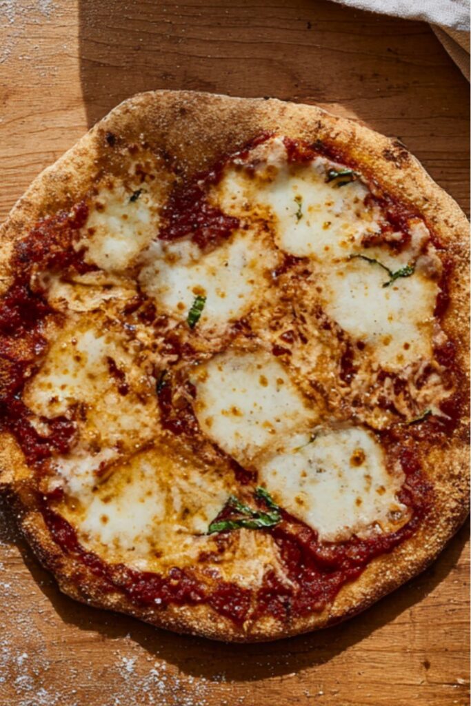 A rustic homemade pizza with melted mozzarella and basil, a classic among Italian dishes.