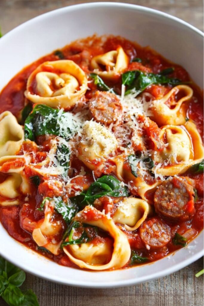 Cheese tortellini with sliced sausage and spinach in savory tomato sauce topped with parmesan.