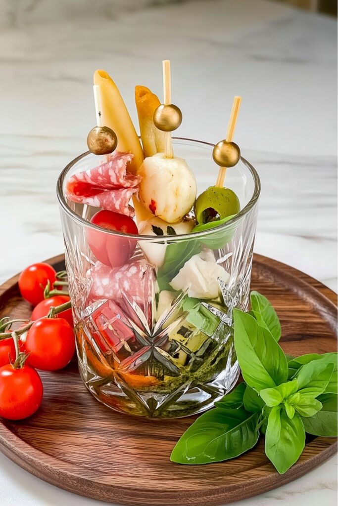 Glass cup holding colorful green, white, and red antipasto skewers with pesto and vinaigrette dressings.
