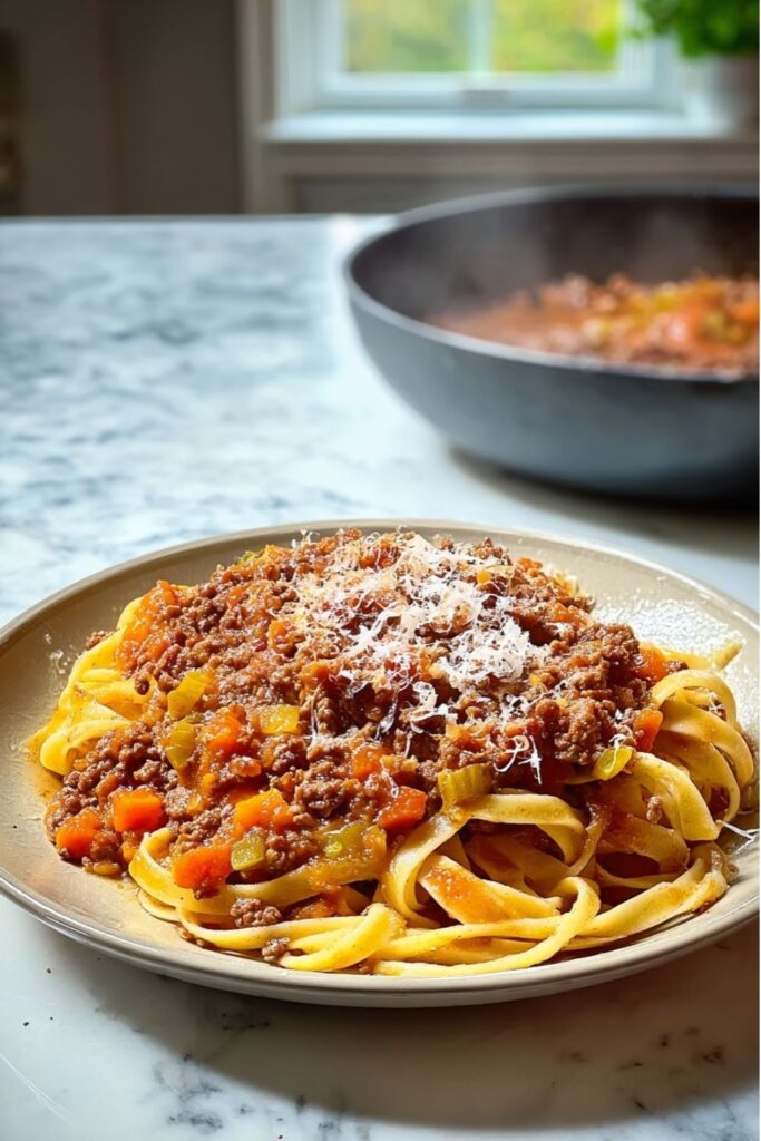 A plate of pasta topped with hearty meat sauce, a standout among Italian dinner recipes.