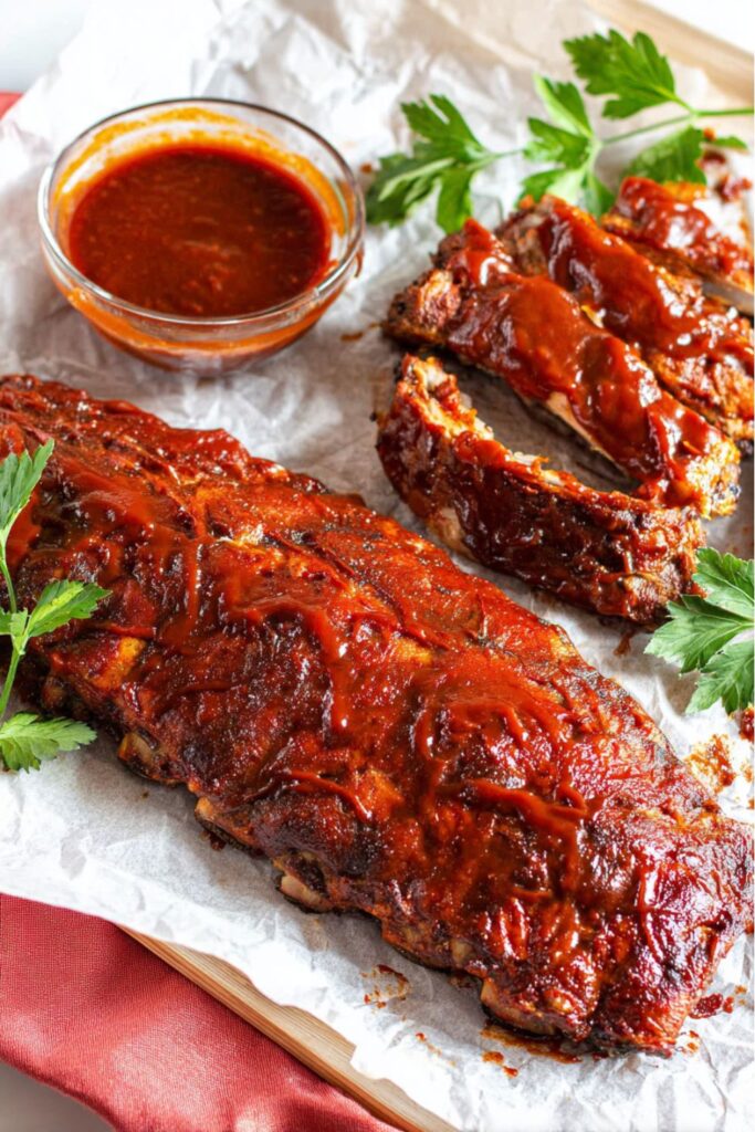 Tender baby back ribs coated in thick bbq sauce for a whole 30 picnic food.