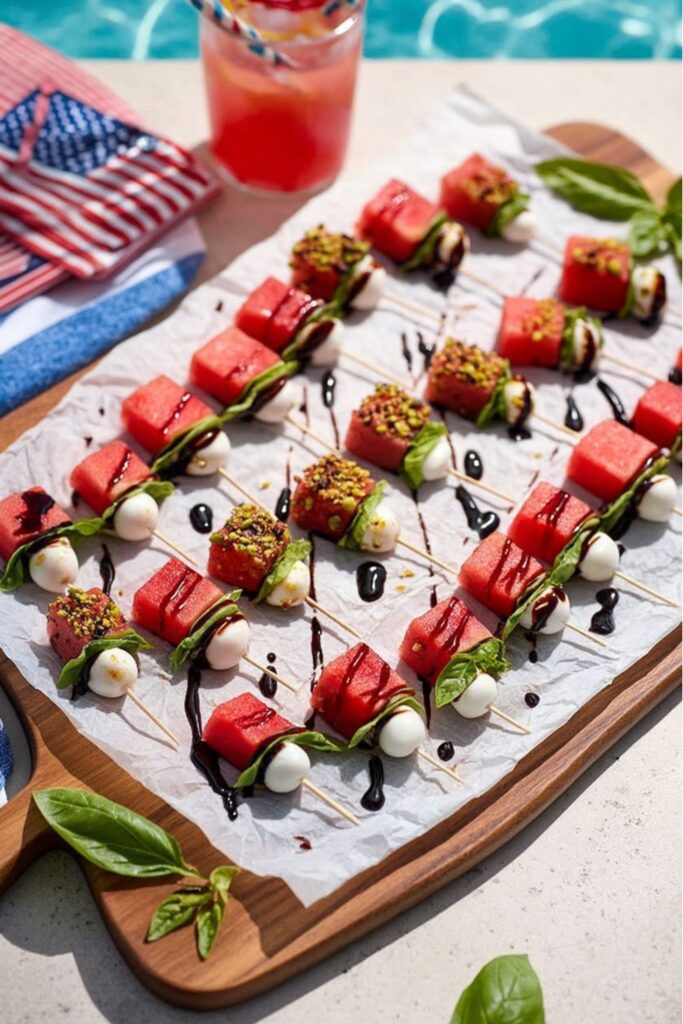 Watermelon caprese skewers with balsamic drizzle, a great example of Easy Patriotic Food.
