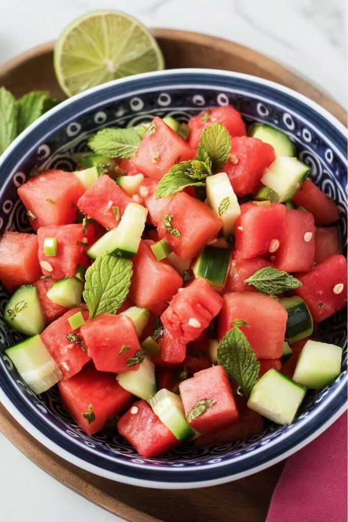 Cubed watermelon and cucumber salad with mint in a blue bowl, fourth of july food dairy free.
