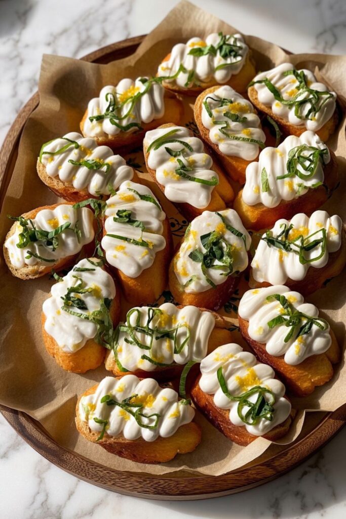 Toasted crostini piped with waves of whipped ricotta cheese, topped with lemon zest and basil.