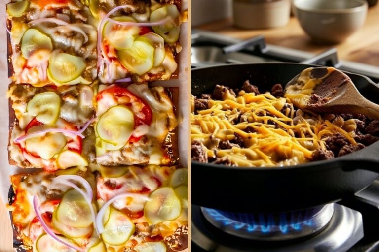 Cheeseburger Flatbread Pizza with Double Cheese and a Crispy Sesame Burger-Bun Crust