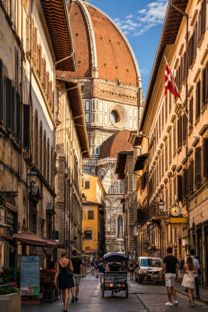 Duomo area street view toward Florence Cathedral for Where to stay in Tuscany near historic streets