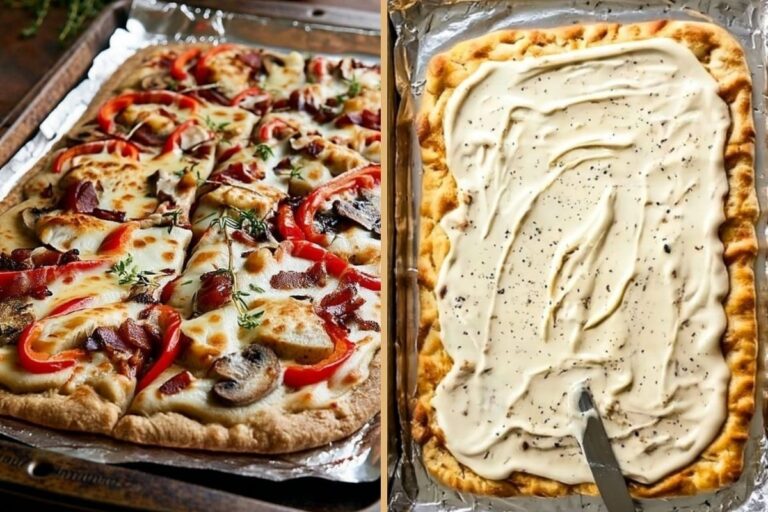 No-Dough Alfredo Flatbread Pizza with Chicken, Bacon, and a Crispy Flatbread Crust