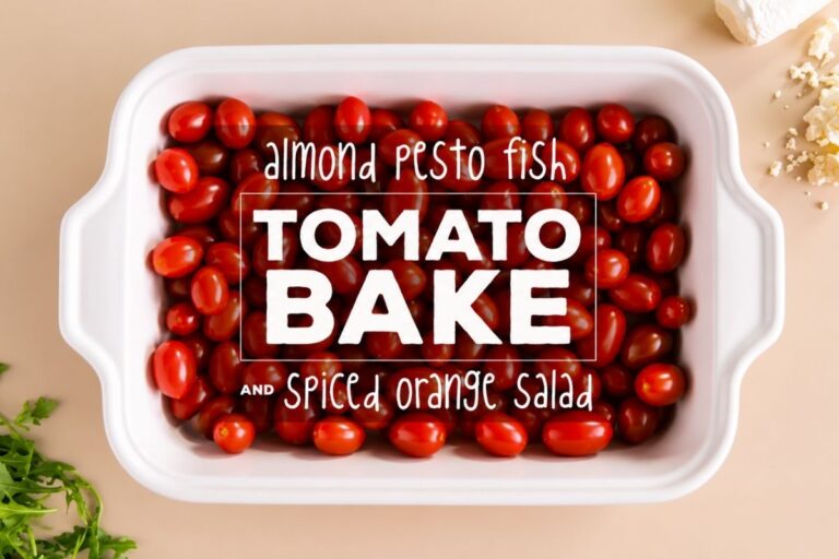 Crispy, Juicy Almond Pesto Fish Tomato Bake and Spiced Orange Salad