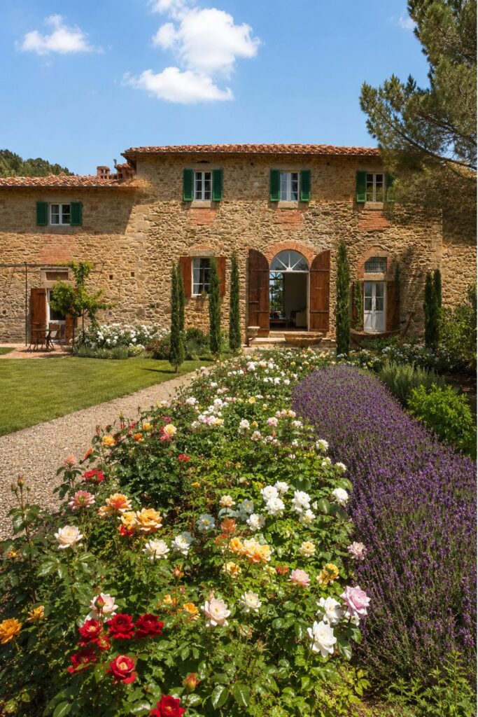 Stone Tuscany villa with green shutters and rose garden for Where to stay in Tuscany