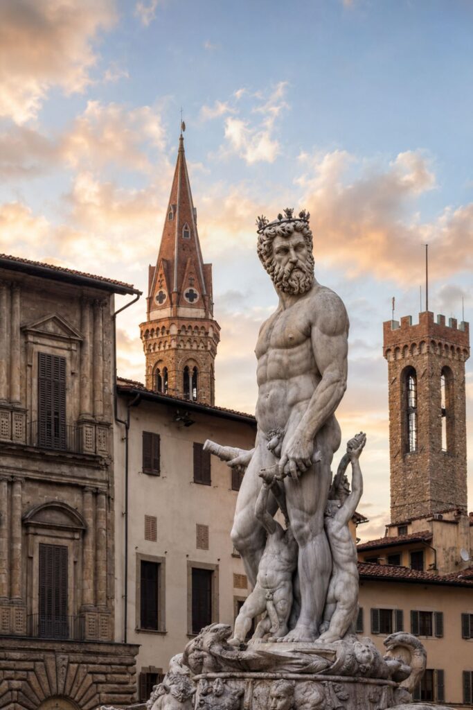 Marble statue in Piazza della Signoria with Florence towers and warm evening sky behind it