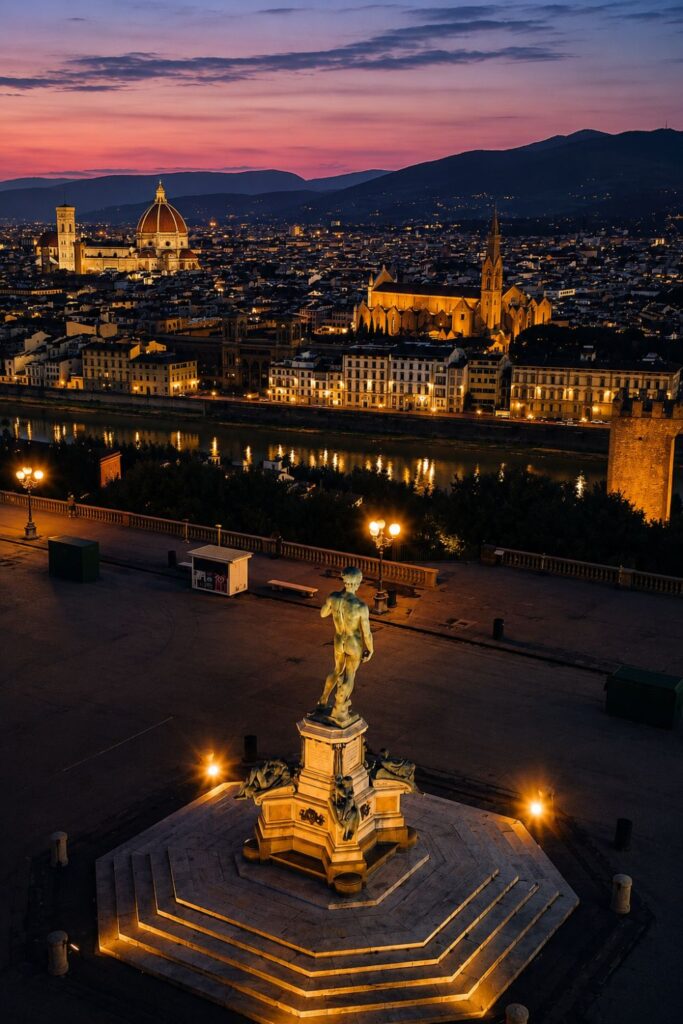Twilight view from Piazzale Michelangelo over the Arno, Duomo, and glowing Florence skyline