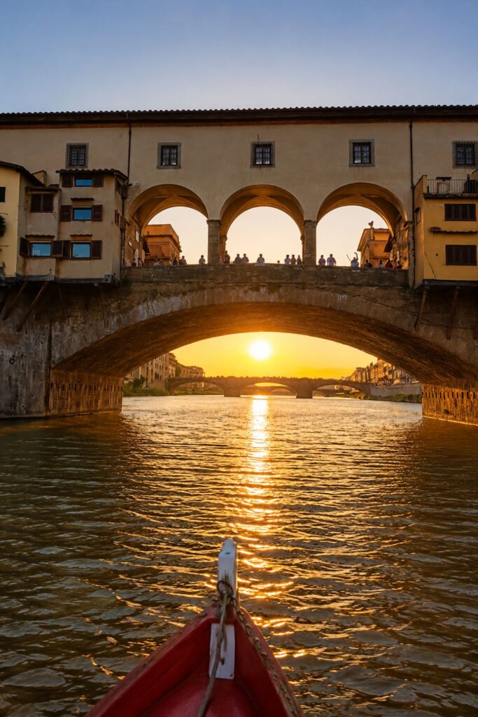 Golden sunset under Ponte Vecchio with rippling Arno water and a boat bow in Florence