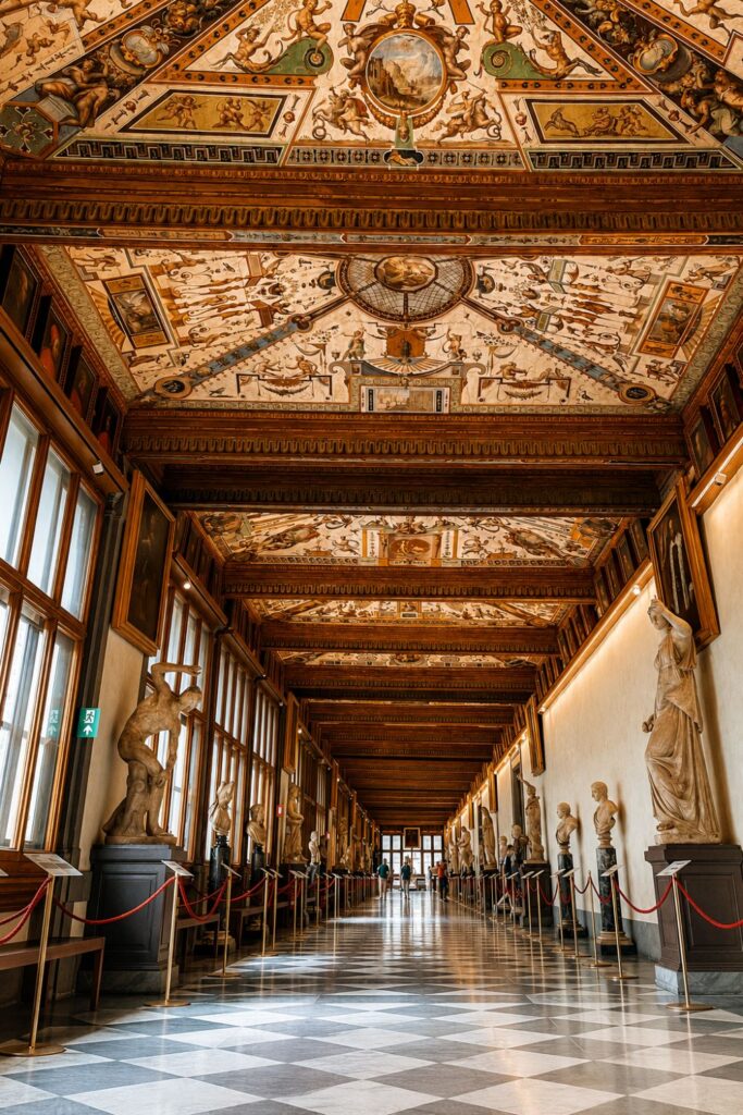 Long Uffizi Gallery corridor with painted ceiling, marble statues, and polished floors