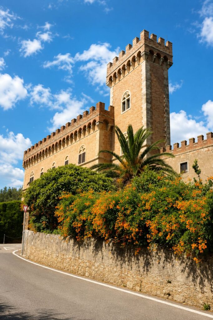 Bolgheri castle tower and crenellated walls above orange flowers under a bright blue sky