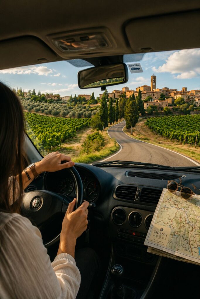 Rolling vineyards and a winding country road in Chianti on a 5-Day Tuscany Itinerary through Tuscany