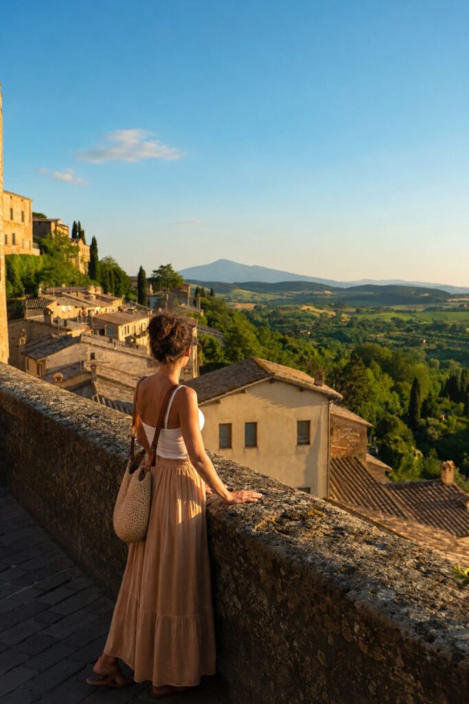Stone terrace in Montepulciano overlooking tiled rooftops, green valley, and distant hills