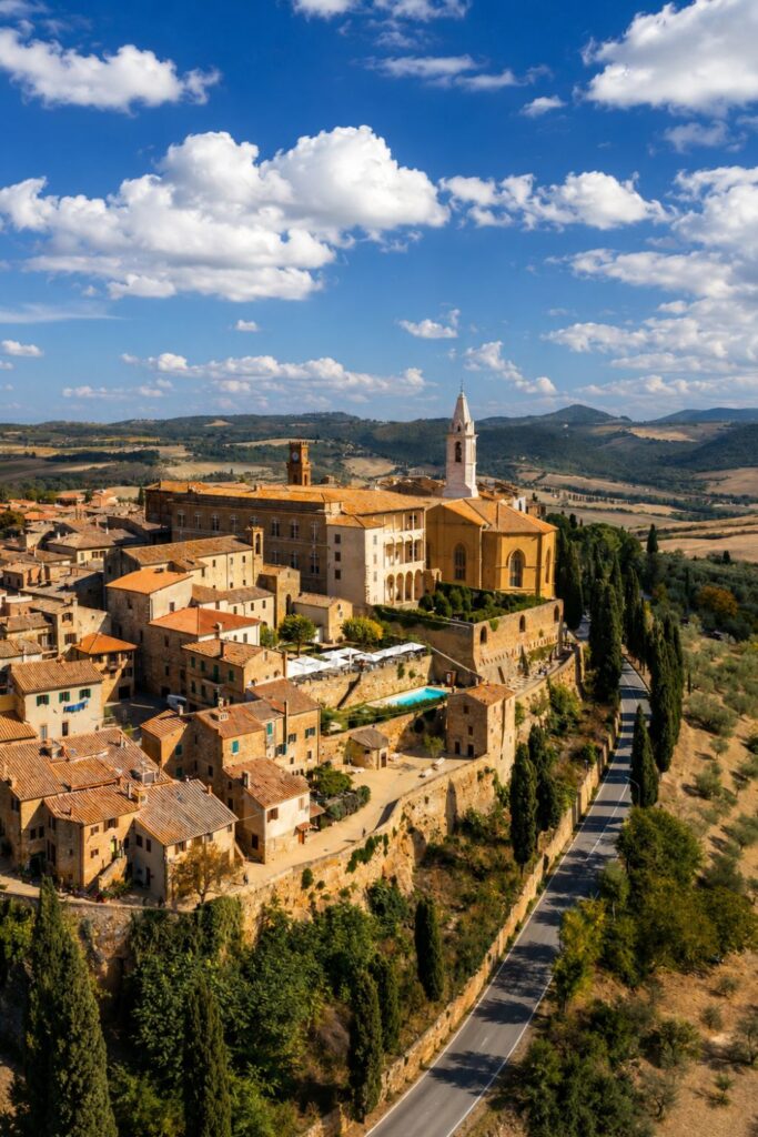 Terracotta rooftops and church tower in Pienza overlooking the rolling Val d’Orcia hills