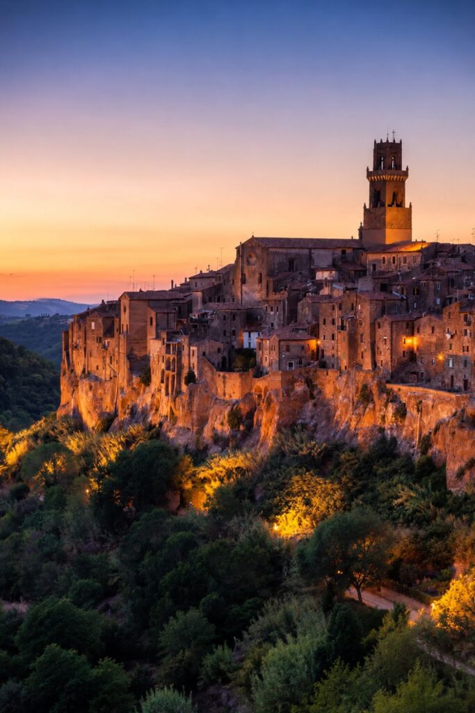 Pitigliano stone houses and tower glowing above tuff cliffs and trees at dusk