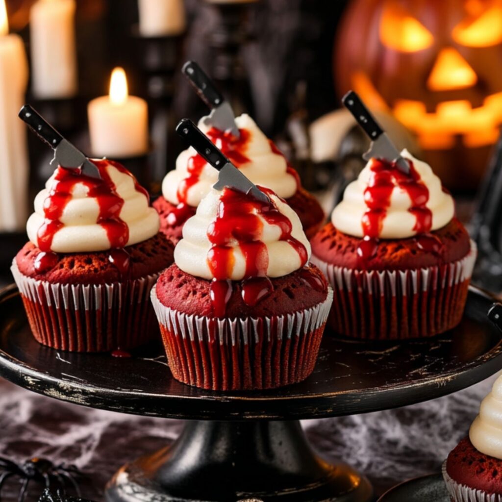 Red velvet cupcakes with white frosting, red syrup, and toy knives on a platter.