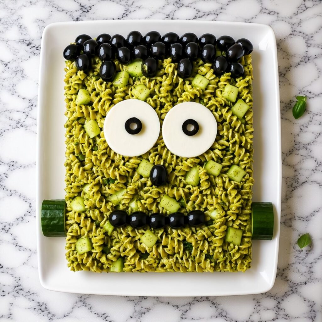 Frankenstein's monster face made from green pesto pasta, cheese, and olives on a plate.