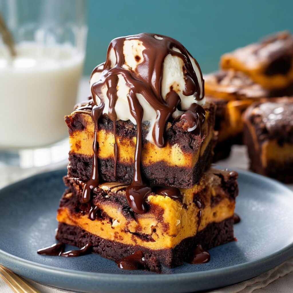A stack of two pumpkin cheesecake brownie squares on a blue plate, topped with melting vanilla ice cream and chocolate sauce.