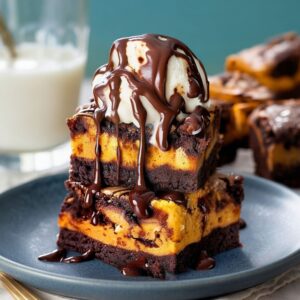 A stack of two pumpkin cheesecake brownie squares on a blue plate, topped with melting vanilla ice cream and chocolate sauce.