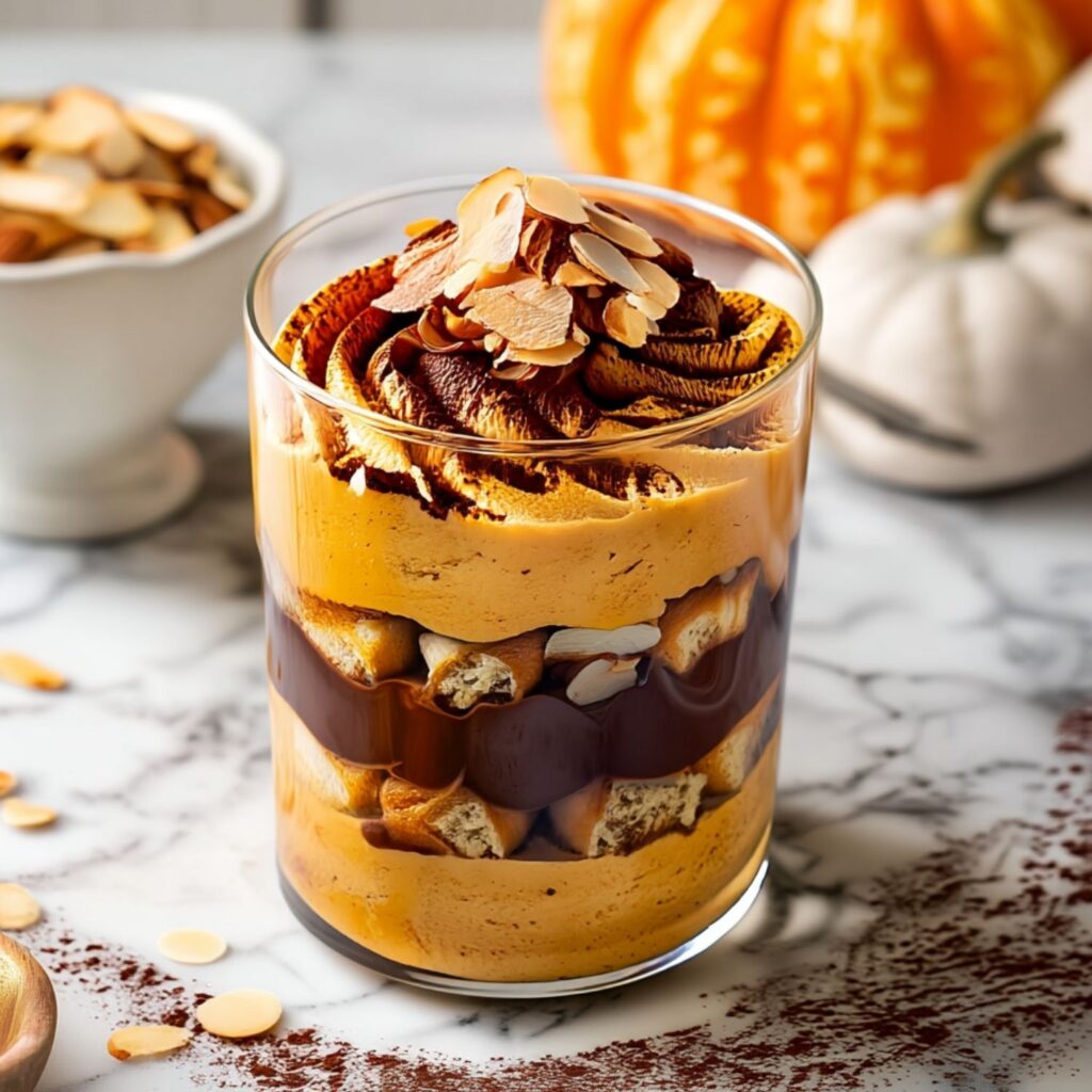 A layered pumpkin tiramisu dessert in a glass topped with flaked almonds and cocoa.