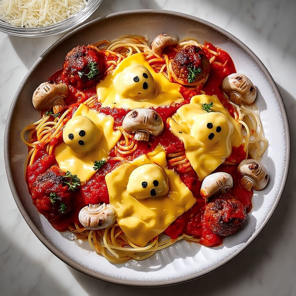 Spaghetti with marinara sauce, meatballs, carved mushroom skulls, and cheese slice ghosts.