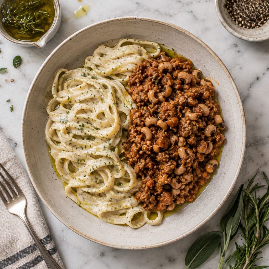 A bowl of pasta with a creamy white sauce alongside seasoned tripe and beans.