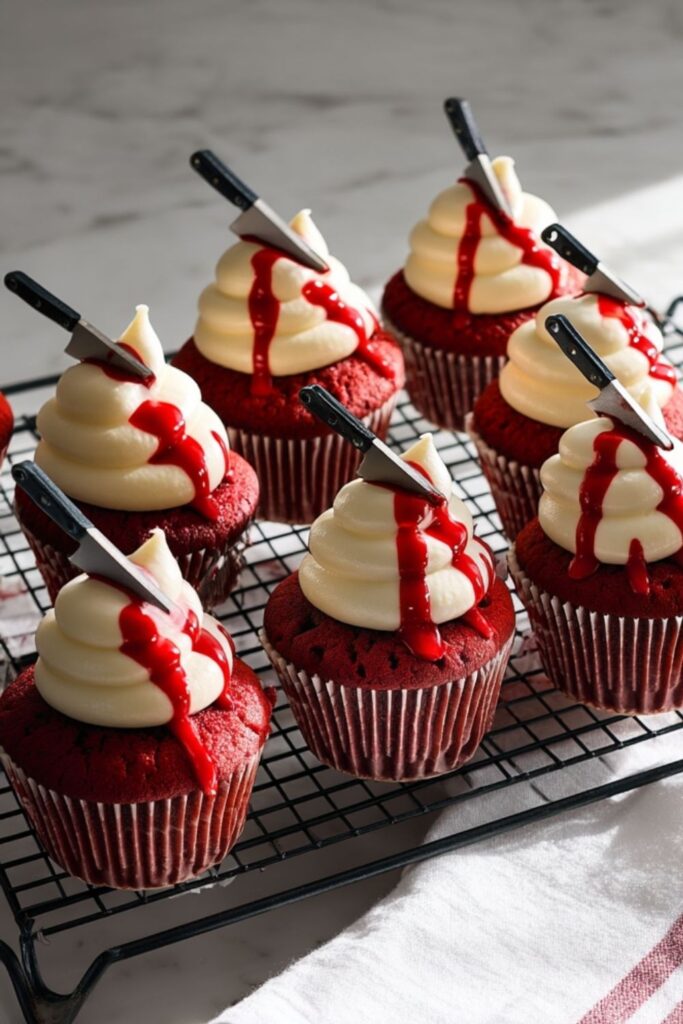 Red velvet cupcakes topped with white frosting, red syrup, and toy knives on a wire rack.