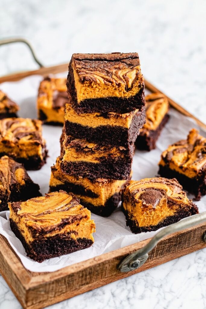 A tall stack of pumpkin cheesecake brownie squares on a parchment-lined wooden tray.