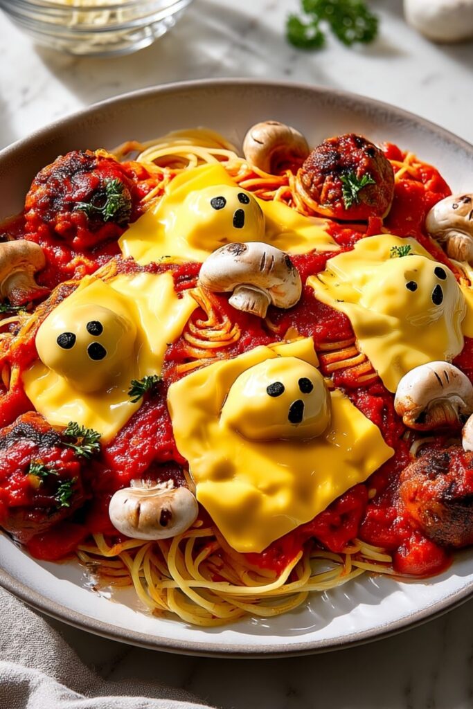 Spaghetti with marinara sauce, meatballs, mushrooms, and melted cheese slices shaped into ghosts.