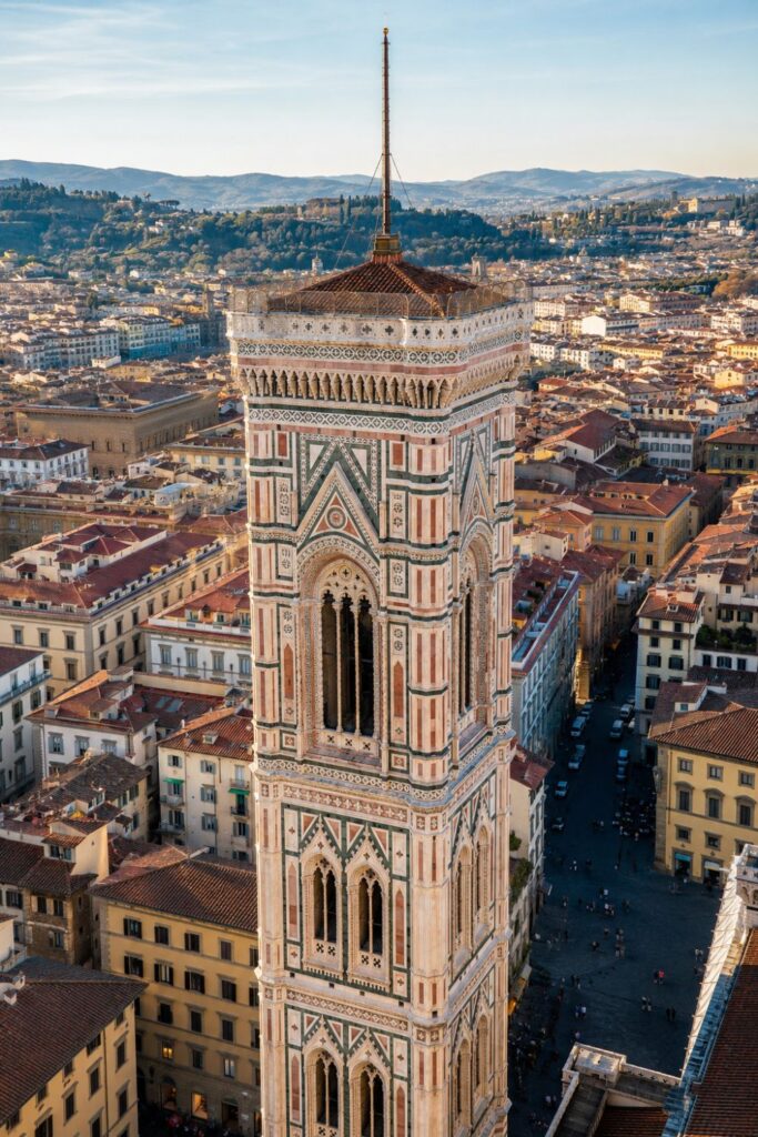 Giotto’s marble bell tower rises above Florence’s terracotta rooftops and distant Tuscan hills.