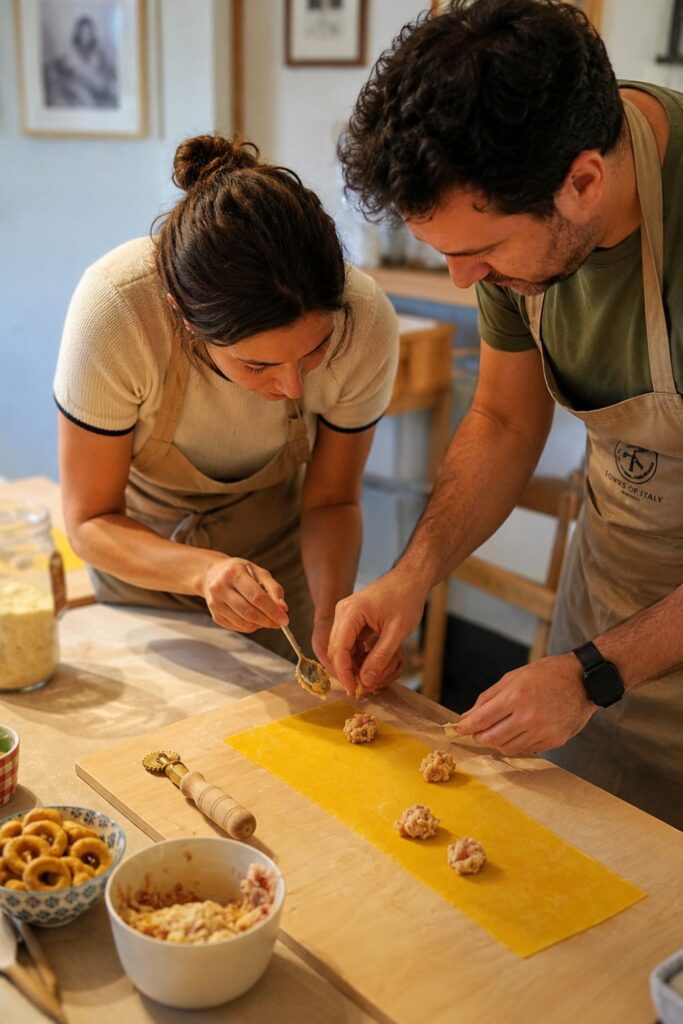 Travelers shape filled pasta at a wooden worktable during a hands-on Tuscan cooking class.