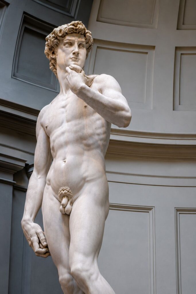 Michelangelo’s marble David beneath pale paneled walls inside Florence’s Accademia Gallery.