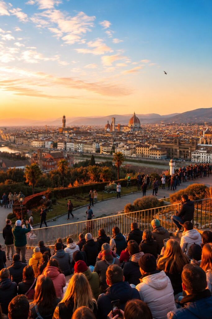 Crowds watch the sunset over Florence’s Duomo and rooftops from Piazzale Michelangelo.