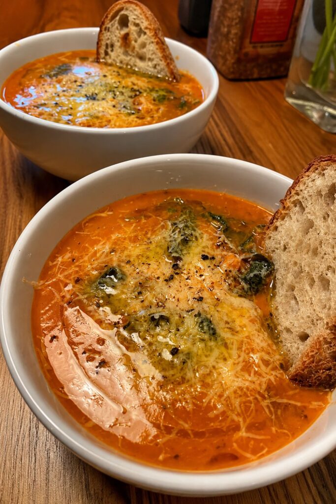 Two bowls of ribollita with melted cheese, kale, pepper, and rustic bread on a wooden table.
