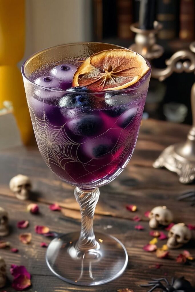 Purple color-changing tea drink featuring blueberry ice spheres in a spiderweb glass.