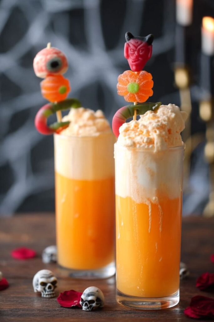 Orange soda float topped with a skewer of assorted Halloween gummy candy.