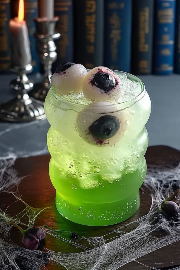 Bright green drink topped with realistic lychee and blueberry eyeballs
