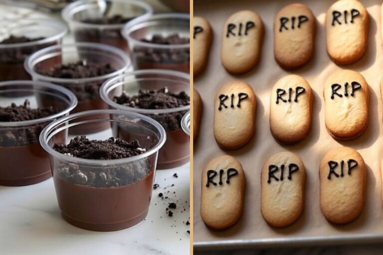 No-Bake Halloween Graveyard Dirt Cups with Oreo Crumbs and Gummy Worms