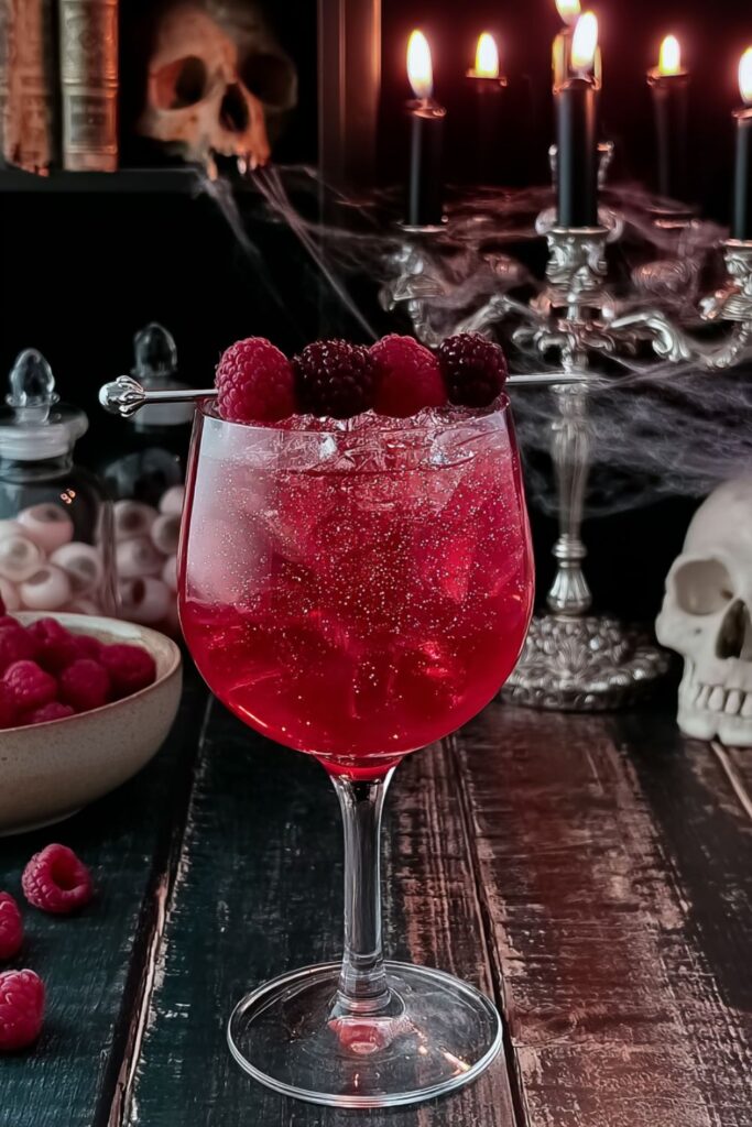 A sparkling red hibiscus drink topped with fresh raspberries on a silver skewer.